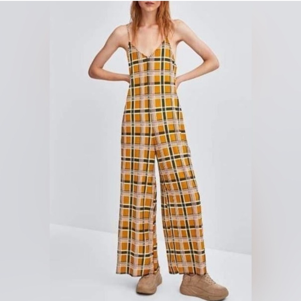 Zara Plaid Jumpsuit in Yellow and Black lightweight size S, stretchy